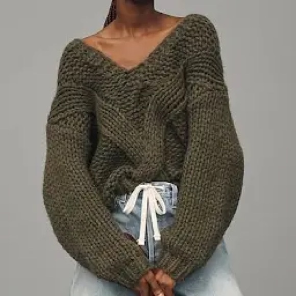 Women’s Sz M green Pol Anthropologie vneck chunky knit casual pullover sweater - Picture 1 of 9